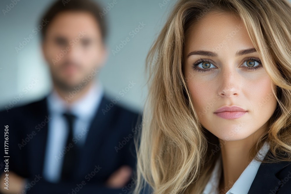 A confident woman is positioned prominently while a man stands behind her, emphasizing strength and determination in a professional office setting, showcasing empowerment. A confident woman is positioned prominently while a man stands behind her, emphasizing strength and determination in a professional office setting, showcasing empowerment.