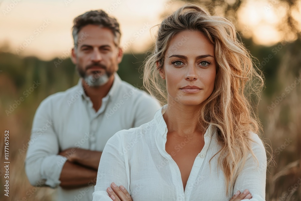 A powerful image focusing on a confident couple outdoors, with the woman standing proudly in front of her male counterpart, symbolizing unity and strength in nature. A powerful image focusing on a confident couple outdoors, with the woman standing proudly in front of her male counterpart, symbolizing unity and strength in nature.