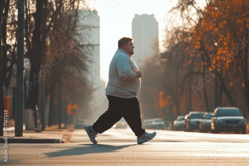 An overweight man is exercising jogging on a city street. Concept of weight loss exercise
