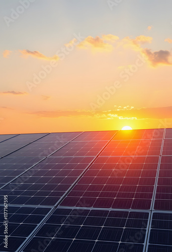 solar panels and sky sunset background, simple style, with white tones