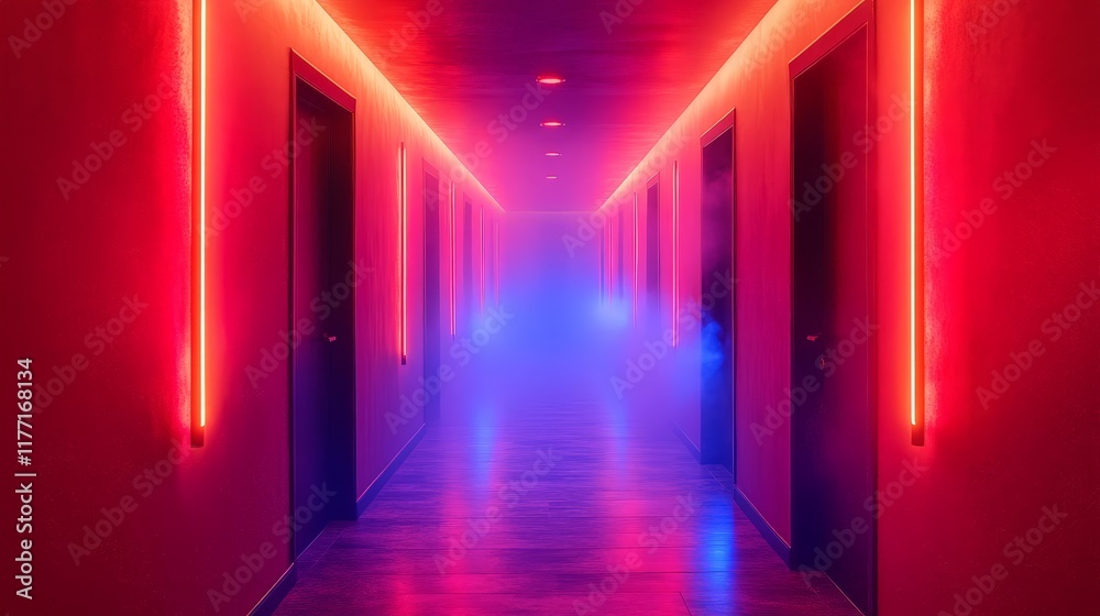 A futuristic hallway illuminated by red and blue neon lights, creating a modern and sci-fi aesthetic environment. A futuristic hallway illuminated by red and blue neon lights, creating a modern and sci-fi aesthetic environment.