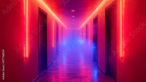 A futuristic hallway illuminated by red and blue neon lights, creating a modern and sci-fi aesthetic environment.