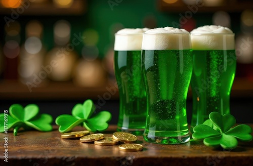 St. Patrick's Day Bar Scene with Green Beer and Gold Coins, Blank Space for Text photo