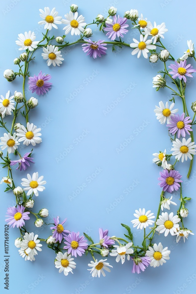 Artistic frame of spring flowers on a muted pastel lilac background, offering a serene layout for card designs. Top view, flat lay style. Artistic frame of spring flowers on a muted pastel lilac background, offering a serene layout for card designs. Top view, flat lay style.
