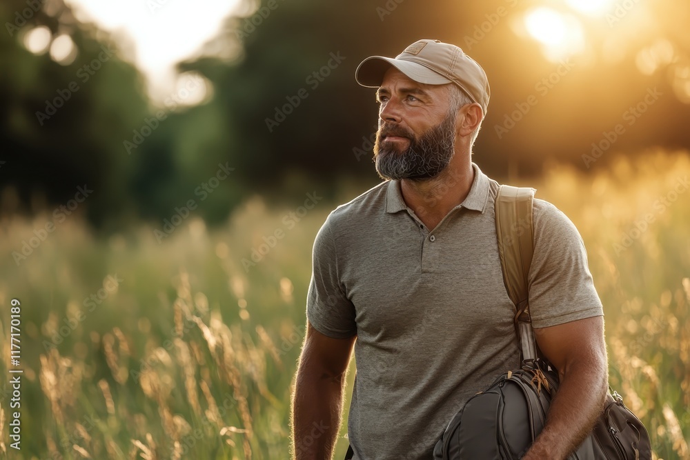 Obraz premium A strong man dressed in earthy tones carries a bag as he walks through a golden field, evoking a sense of strength and connection with the natural world around him.