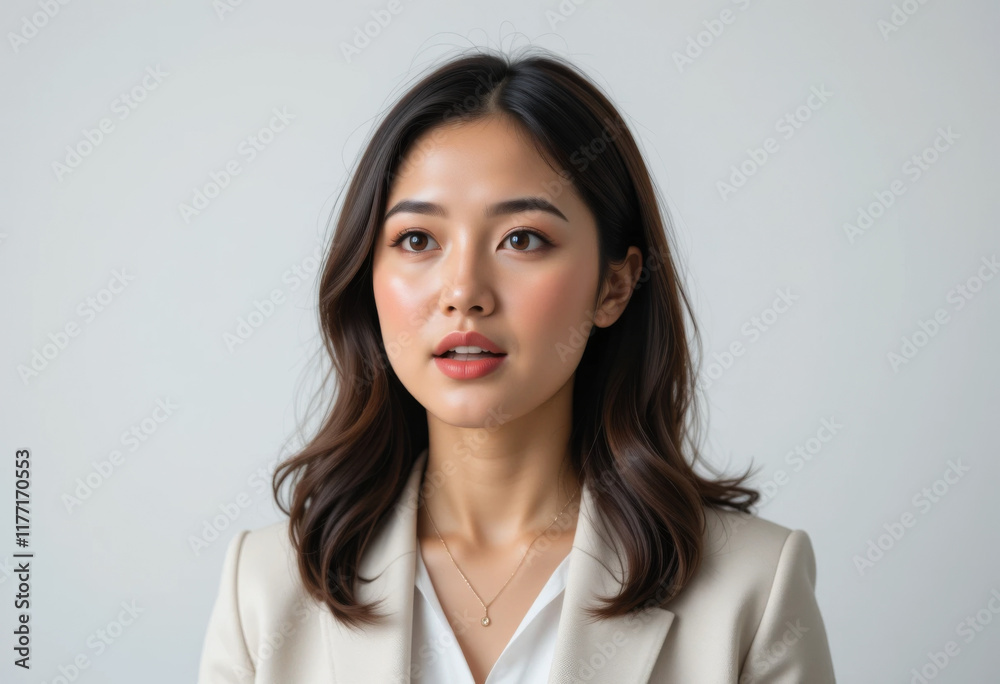 Elegant Asian Businesswoman Giving an Interview, Dressed in a White Blazer, Confident and Successful, on a Neutral Gray Background, Professional and Inspiring Elegant Asian Businesswoman Giving an Interview, Dressed in a White Blazer, Confident and Successful, on a Neutral Gray Background, Professional and Inspiring