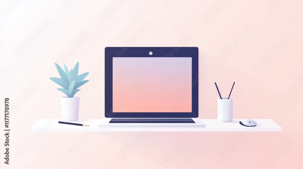 Minimalistic Desk Setup with Computer and Green Plant in Soft Pastel Background for Modern Work Environment and Creative Inspiration Minimalistic Desk Setup with Computer and Green Plant in Soft Pastel Background for Modern Work Environment and Creative Inspiration