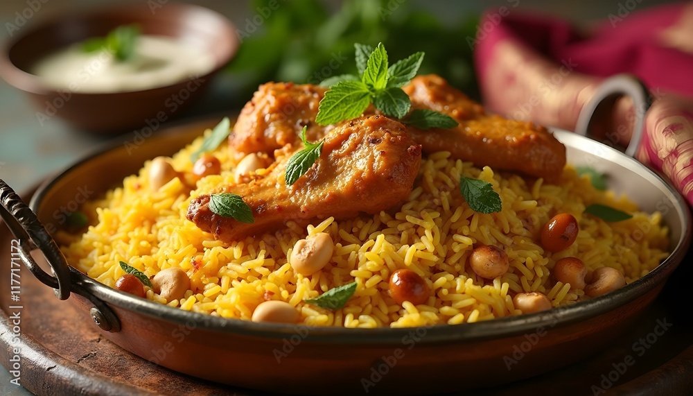 A vibrant chicken biryani platter with saffron rice, caramelized onions, and raita A vibrant chicken biryani platter with saffron rice, caramelized onions, and raita