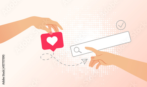 Hand holding like icon and direct message sign. Hands of lovers touching each other. Vector illustration of finding love for Valentine's day greeting