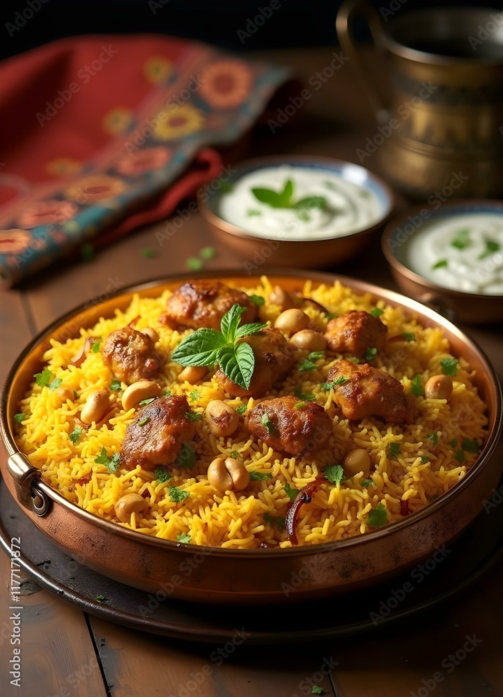 A vibrant chicken biryani platter with saffron rice, caramelized onions, and raita A vibrant chicken biryani platter with saffron rice, caramelized onions, and raita