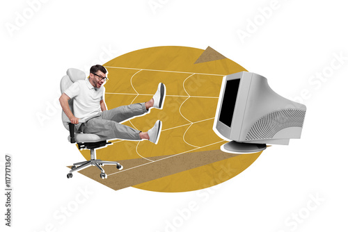 Billede på lærred Photo banner collage of young man sitting armchair addicted watching television