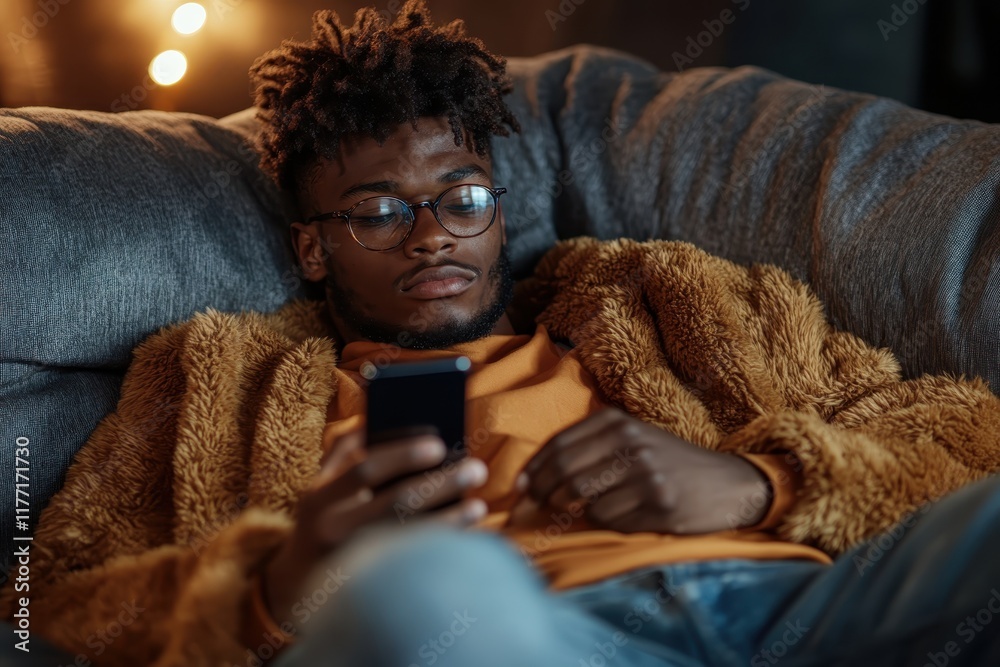 Fototapeta premium A stylish man in glasses relaxes on a soft chair while checking his smartphone, reflecting the blend of comfort and modernity in contemporary lifestyle.