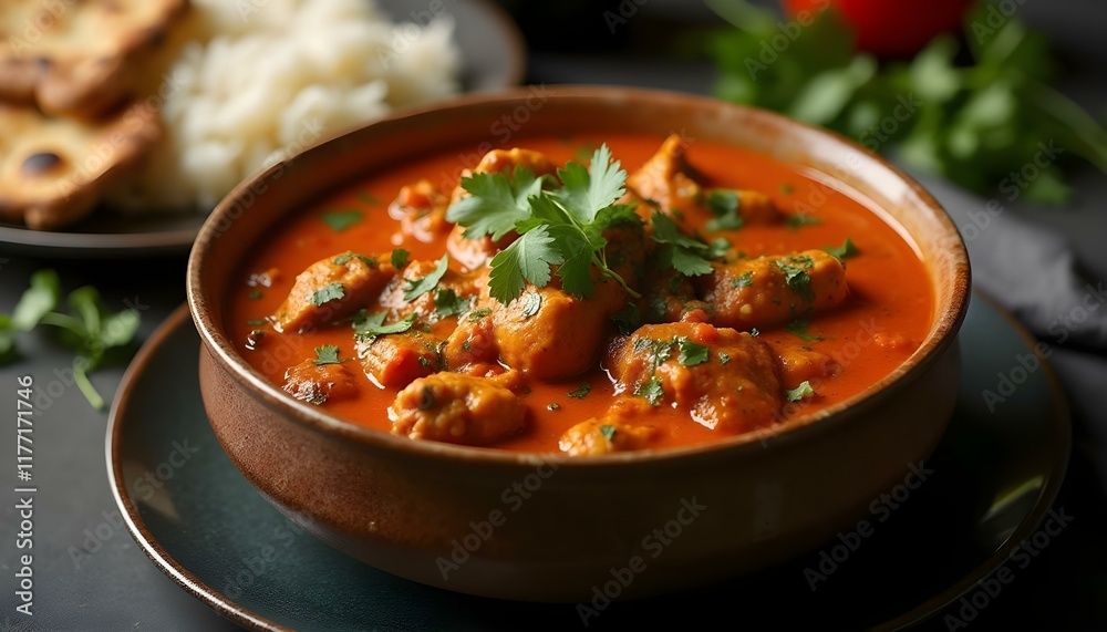 A rich bowl of butter chicken with naan bread and basmati rice. A rich bowl of butter chicken with naan bread and basmati rice.