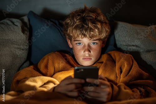 A focused boy with curly hair and blue eyes deeply engaged with his smartphone on a cozy couch, exemplifying the modern connection between youth and technology.