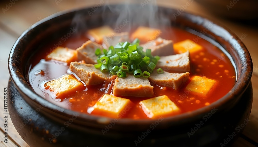 A steaming bowl of kimchi jjigae with tofu, pork belly, and scallions A steaming bowl of kimchi jjigae with tofu, pork belly, and scallions