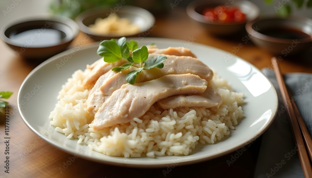 A clean plate of Hainanese chicken rice with poached chicken and sauces. A clean plate of Hainanese chicken rice with poached chicken and sauces.