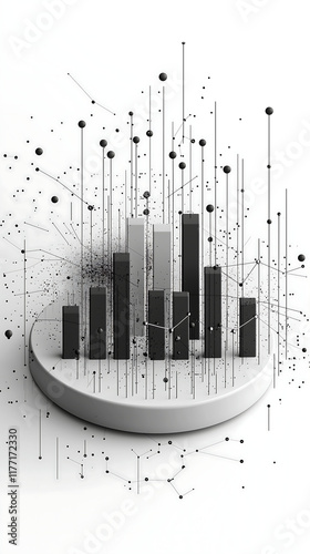 3D bar chart sits on a circular base interconnected by thin lines and nodes illustrating complex data relationships and network analysis in a visually abstract style photo