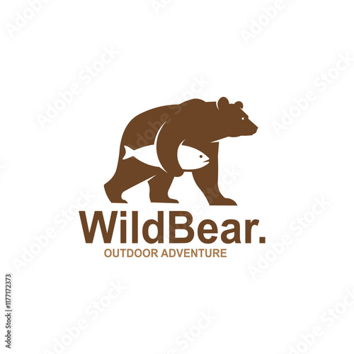 Silhouette Bear Carrying Fish Simple Logo Design Vector Template