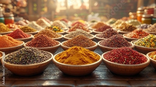 Colorful spice market bowls, sunlit, vibrant, exotic, food, background, display, sale