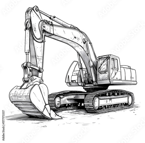 Black and white vector illustration of an excavator digging in the ground on white