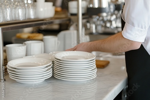 Server arranging clean plates at a restaurant during a busy lunch service in a modern kitchen environment