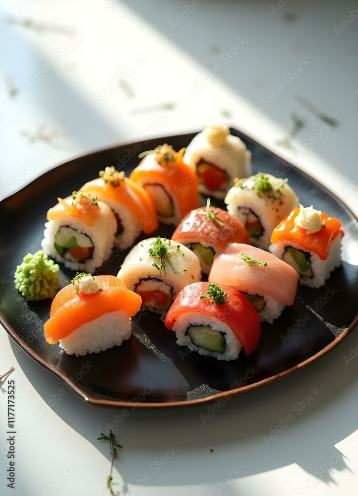 Colorful sushi rolls and nigiri arranged artistically on a black ceramic plate. Colorful sushi rolls and nigiri arranged artistically on a black ceramic plate.