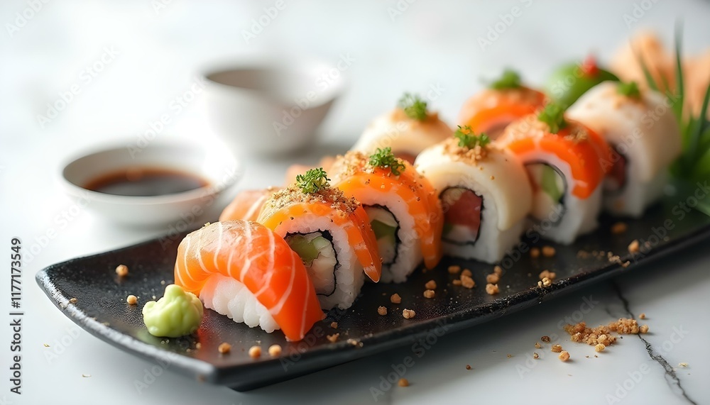 Colorful sushi rolls and nigiri arranged artistically on a black ceramic plate. Colorful sushi rolls and nigiri arranged artistically on a black ceramic plate.