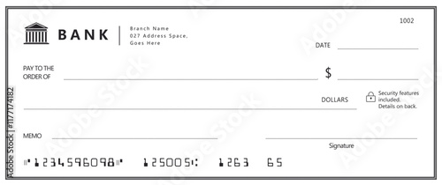 Bank check, vector blank money cheque, checkbook template with guilloche pattern and fields. Currency payment coupon, money check background	