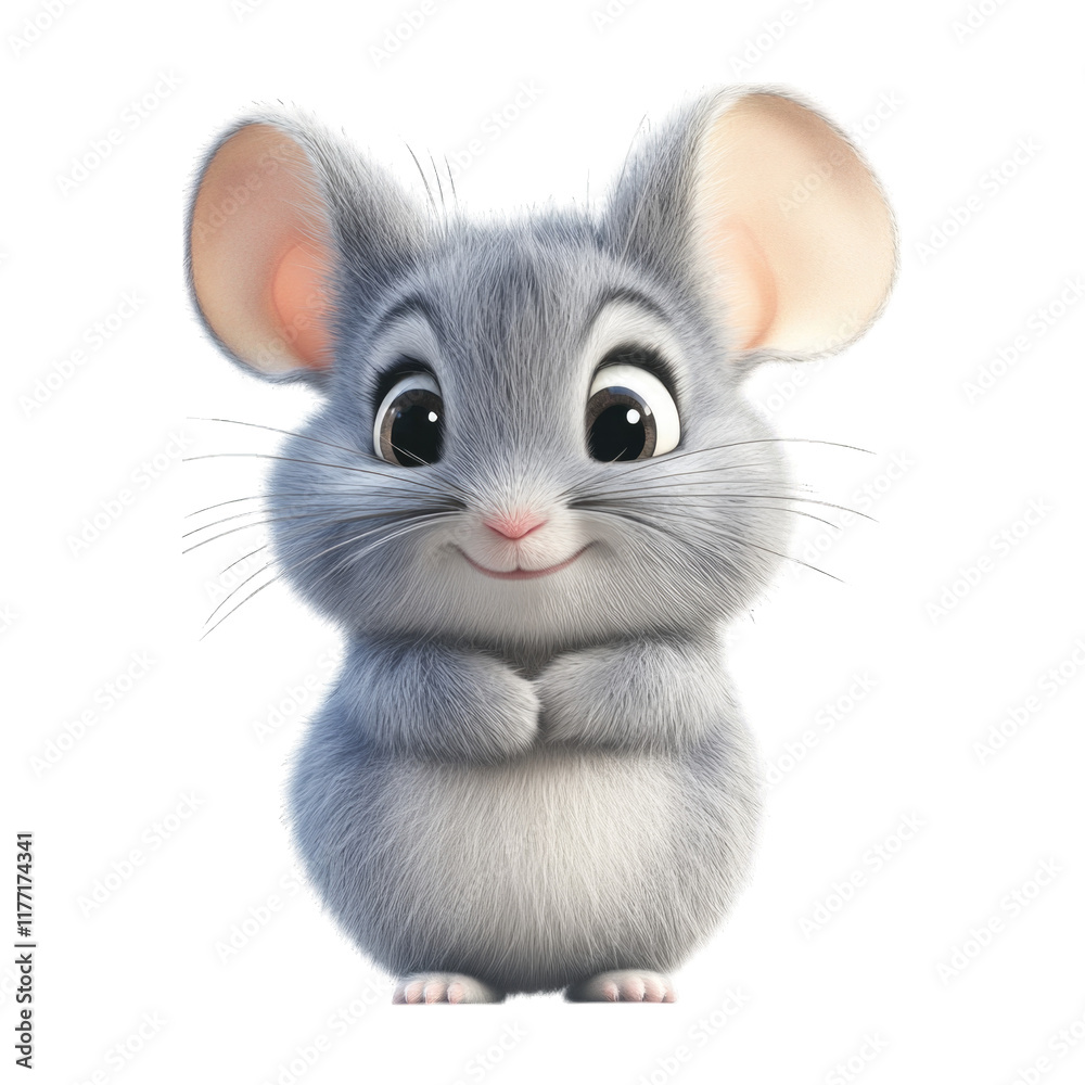 Obraz premium Cute gray cartoon mouse smiling and standing with paws together isolated on transparent background, PNG