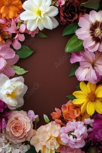 Brown background elegantly bordered by vibrant spring flowers, perfect for greeting card designs. Flat lay, top view.