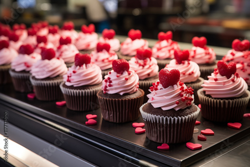 Cupcakes au chocolat décorés de glaçage rose et de cœurs rouges, pâtisseries gourmandes pour la Saint Valentin le 14 février.