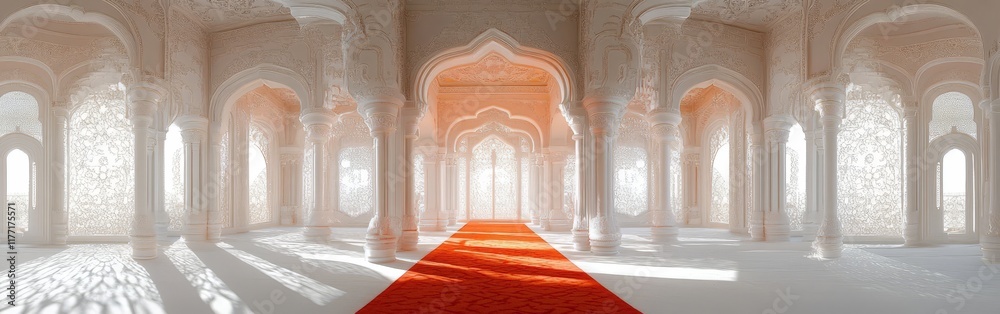 Fototapeta premium A grand room featuring a red carpet and luxurious architectural details, exuding elegance and sophistication.