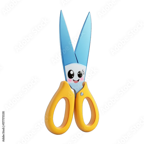 Cartoon scissors with smiling face and blue blades isolated on transparent background, PNG photo