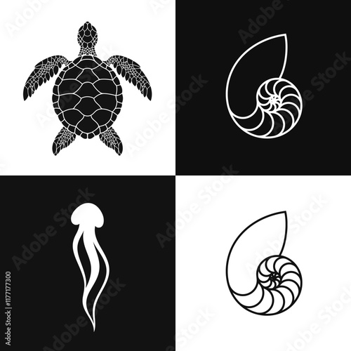 Sea life silhouette. Isolated jellyfish nautilus shell and sea turtle vector