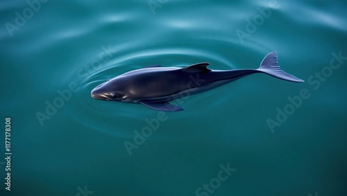 A young harbor porpoise swims in teal water