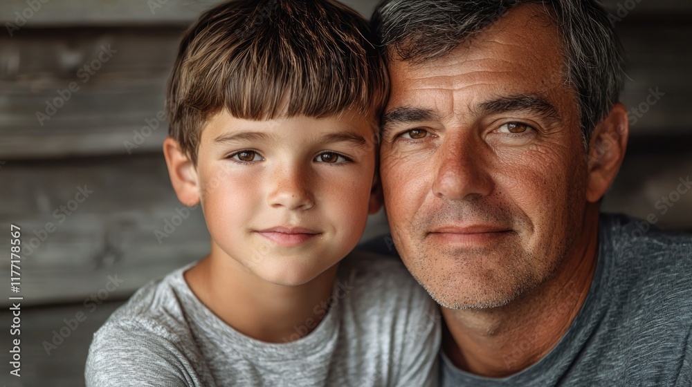 Father and son share a warm moment together against a rustic wooden background in the afternoon light Father and son share a warm moment together against a rustic wooden background in the afternoon light