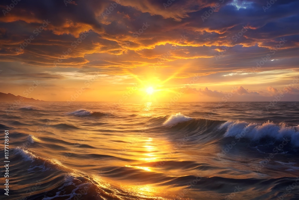 Fototapeta premium a panoramic view of sparkling Pacific Ocean with sun setting 