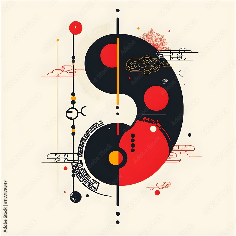 Fototapeta premium Abstract orange and black wall art, Geometric circle and line art, Minimalist abstract painting, Modern abstract poster, Contemporary abstract art print