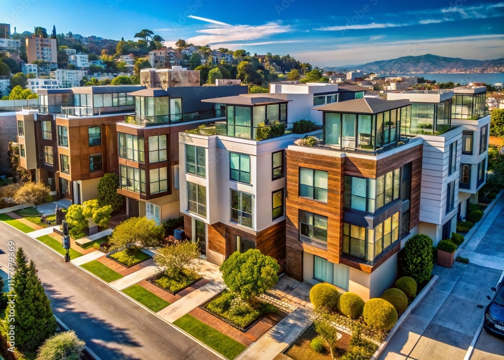 Fototapeta premium Aerial View Luxury San Francisco Row Houses New Construction