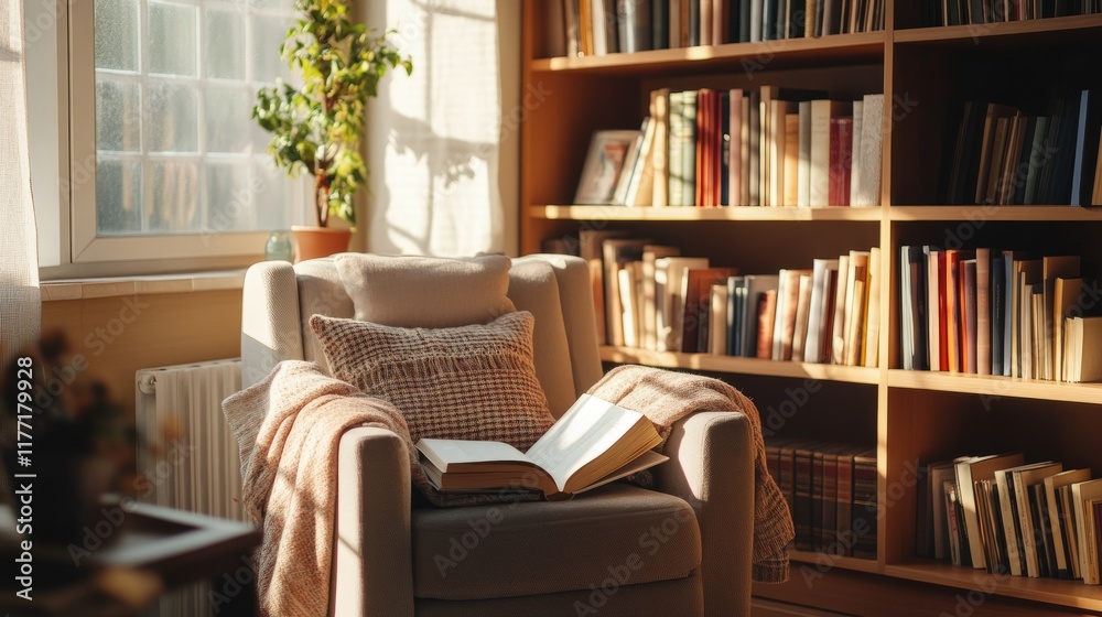 Fototapeta premium Inviting home nook with a cozy armchair, designed for book lovers wanting a serene, relaxing space to enjoy a book.