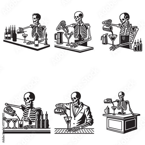 Collection of Bartender Skeleton illustration Vector, Club Party skull clipart Design
