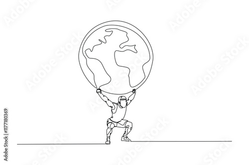 Man holding earth continuous one line drawing. Single line art illustration of man carry up the earth ball. Editable vector.