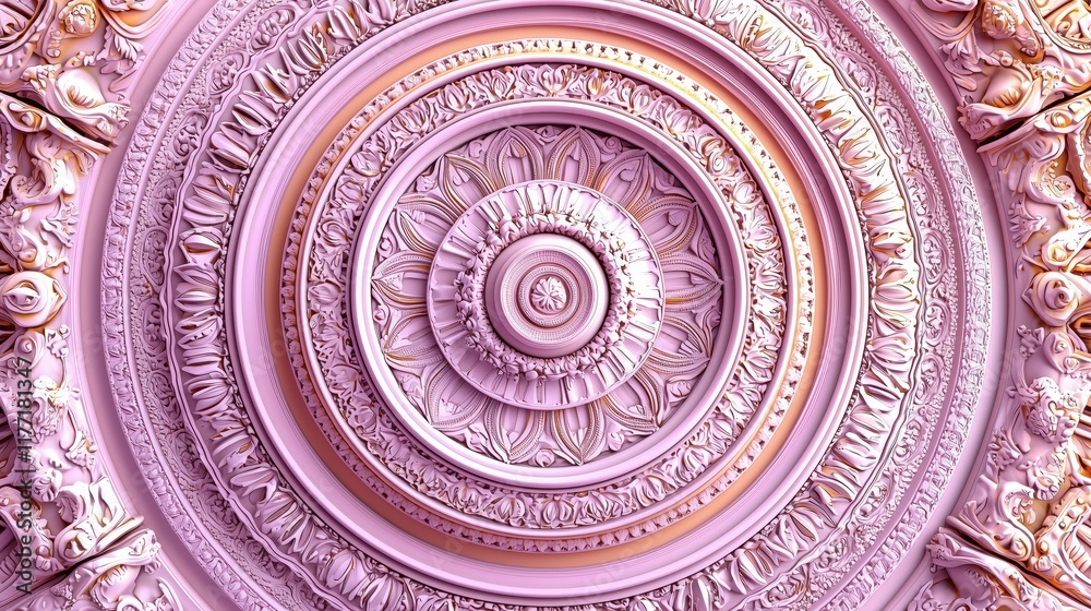 Fototapeta premium Intricate circular ceiling design with ornate detailing in soft pink hues.