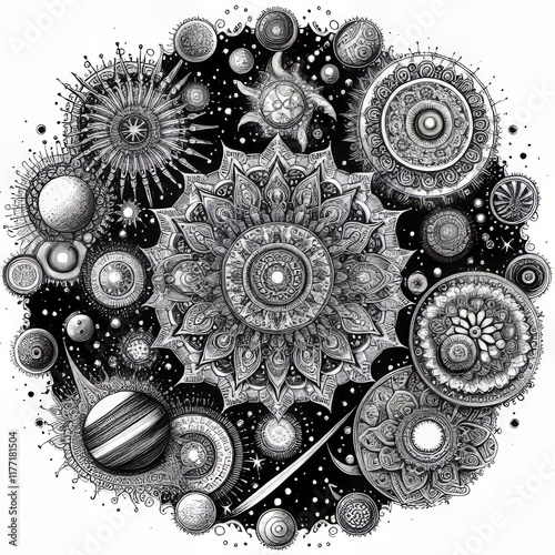 109 Pen and ink illustration of a detailed mandala universe Izob photo