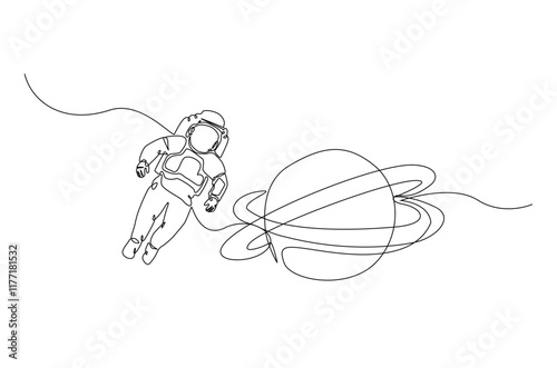 Astronaut and planet in continuous one line drawing. Simple line art illustration of astronaut exploring outer space. Editable vector.