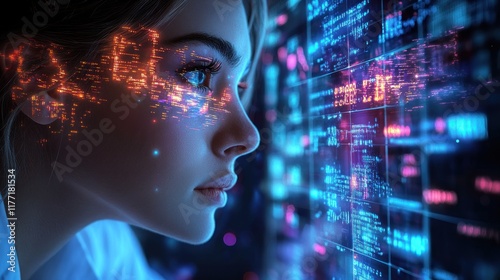 Wallpaper Mural Woman observing futuristic data streams on digital wall Torontodigital.ca