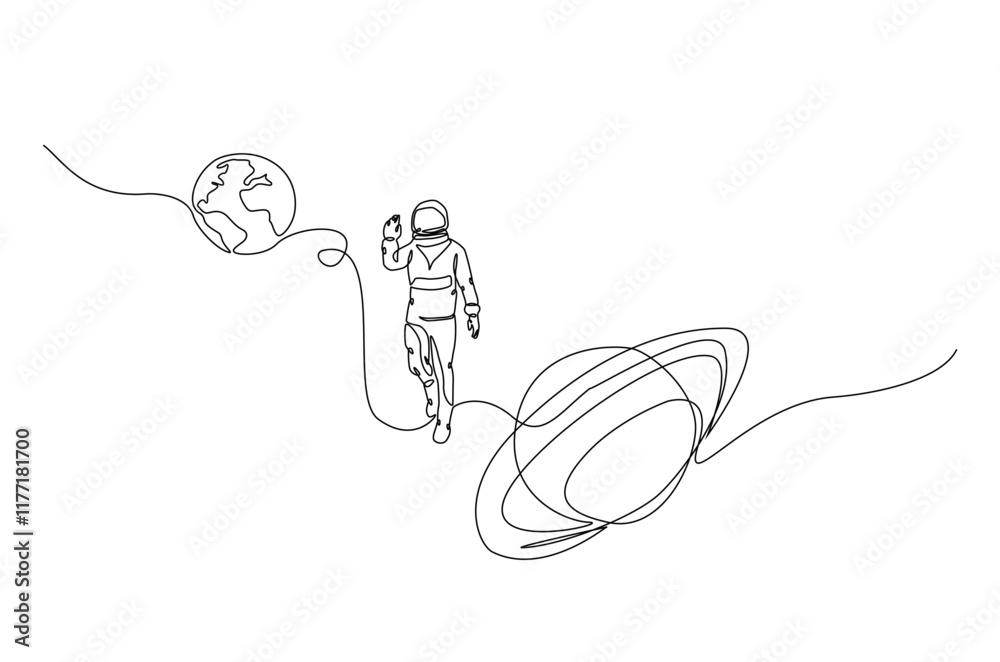 Obraz premium Astronaut and planet in continuous one line drawing. Simple line art illustration of astronaut exploring outer space. Editable vector.