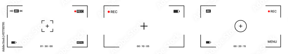 Camera icon set for recording video with a screen, frame, viewfinder, and focus for surveillance, 4K movie production, and CCTV. Includes REC on display with grid and capture icons for photography. Camera icon set for recording video with a screen, frame, viewfinder, and focus for surveillance, 4K movie production, and CCTV. Includes REC on display with grid and capture icons for photography.
