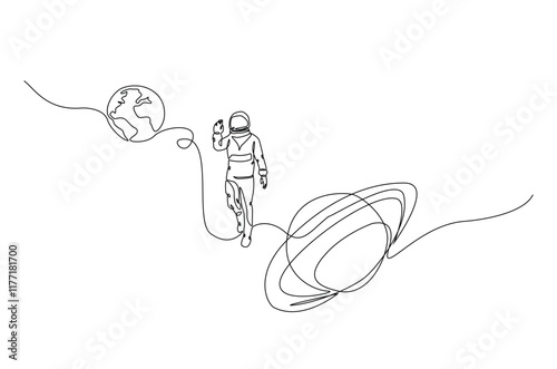 Astronaut and planet in continuous one line drawing. Simple line art illustration of astronaut exploring outer space. Editable vector.