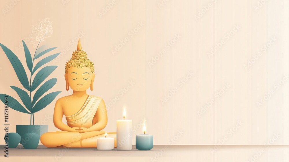 Serene Golden Buddha Surrounded by Candles and Greenery in a Minimalist Setting for Calmness and Tranquility in Meditation and Wellness Spaces Serene Golden Buddha Surrounded by Candles and Greenery in a Minimalist Setting for Calmness and Tranquility in Meditation and Wellness Spaces